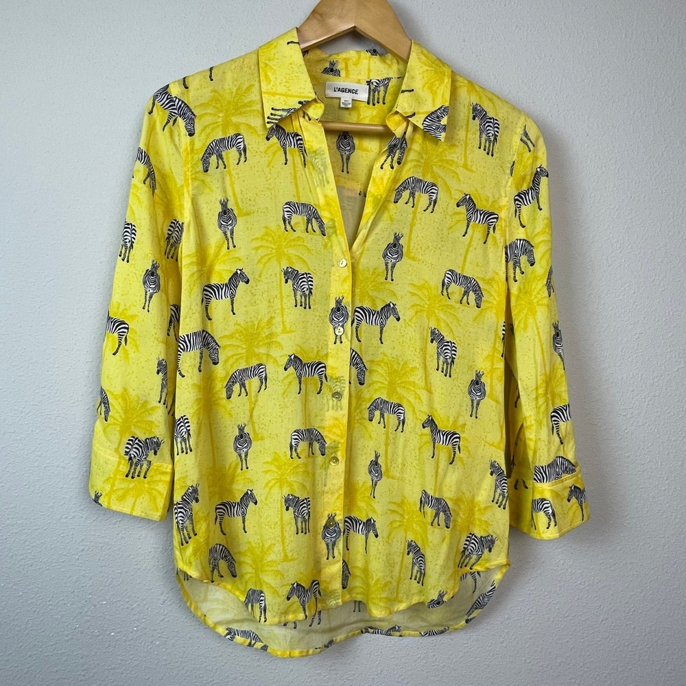 L'AGENCE Zebra Print Blouse Women XS Yellow Viscose Safari Tropical Novelty